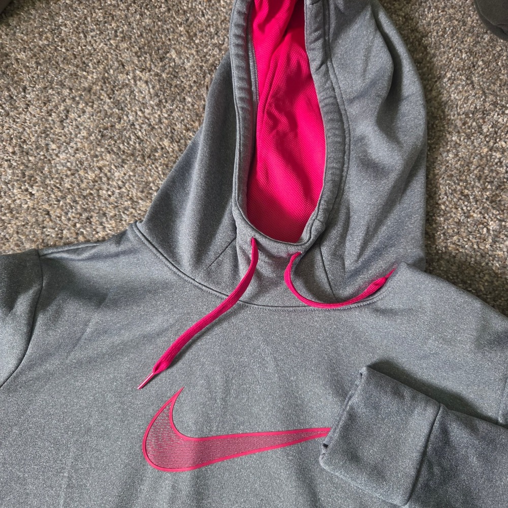 Nike Dri-FIT Womens Hoodie Gray Pink Swoosh Pullover Sweatshirt Size L